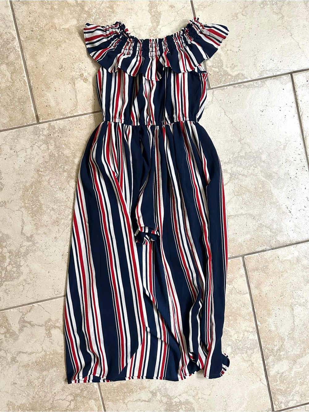 Bonnie Jean Navy, Red & White Striped Off-Shoulder Dress